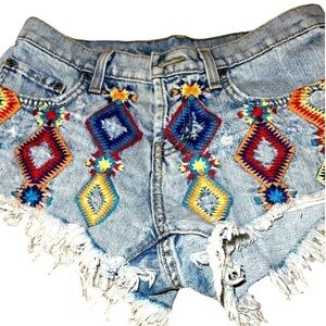 CARMAR high rise embroidered, distressed shorts, 27